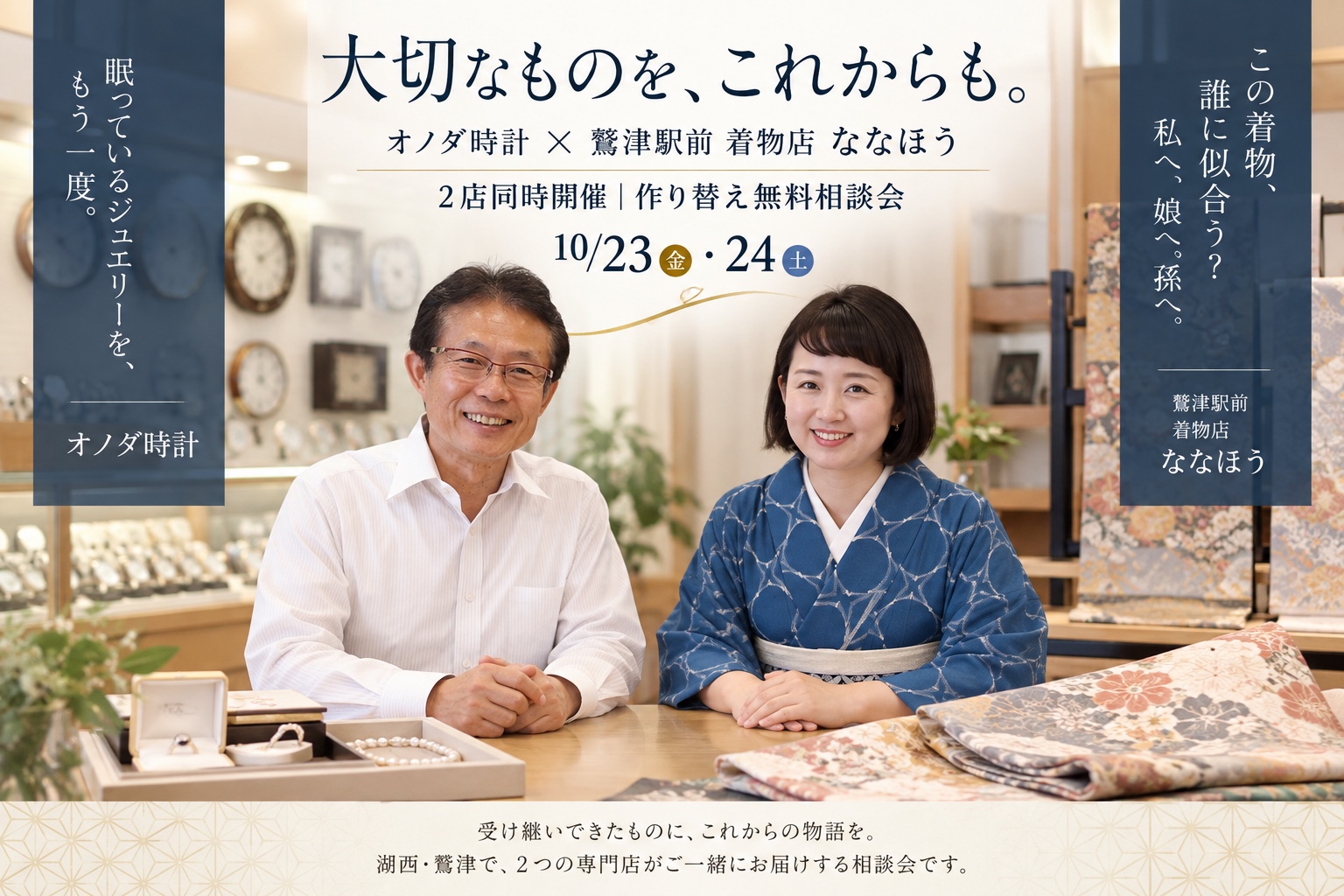 オノダ時計とななほうの相談員が、ジュエリーと着物を前に並ぶ様子